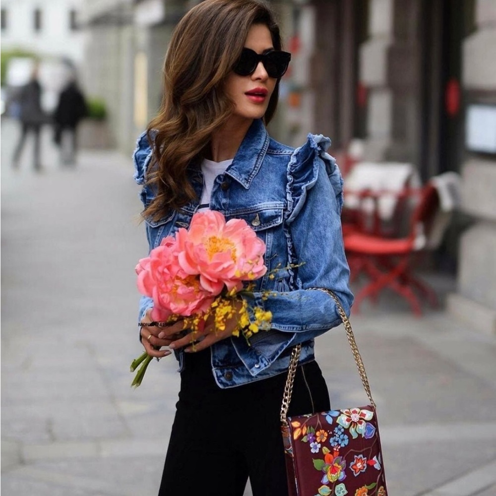 Zara Z1975 denim jean ruffled jacket XS